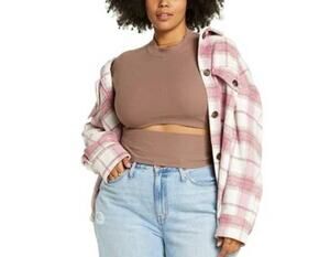 BP Nordstrom Womens Top 2X Taupe Tan Long Sleeve Mock Neck Rib Cutout